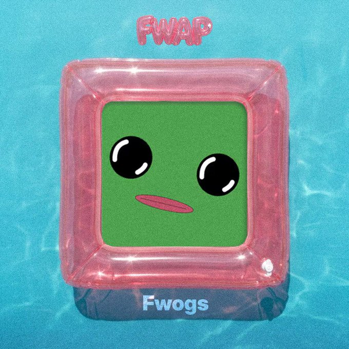 A 3D-rendered green cube character with large eyes inside a translucent pink frame, floating above water with the text 'FWAP' above and 'Fwogs' below.