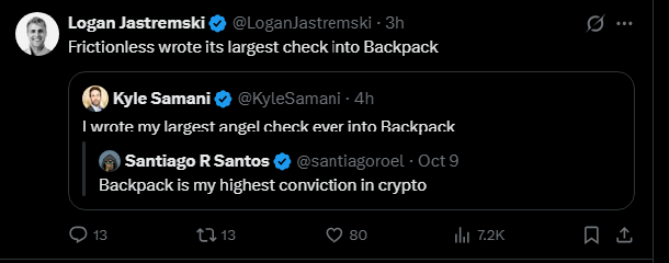 A Twitter/X thread by Logan Jastremski, Kyle Samani, and Santiago R Santos announcing their largest investment checks into crypto exchange Backpack, highlighting it as their highest conviction crypto bet.