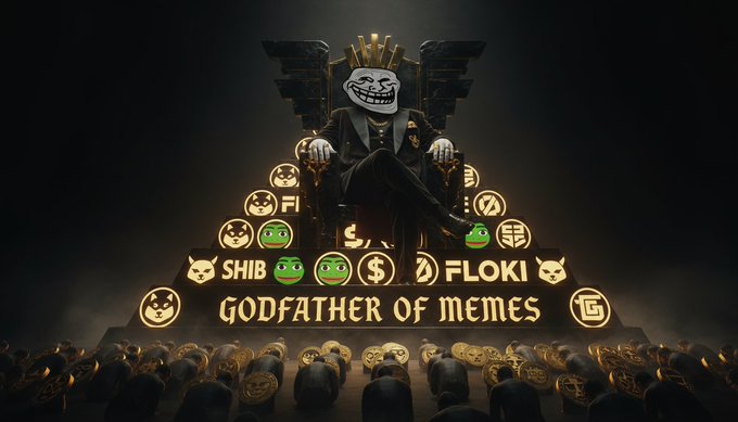 A dramatic digital illustration features a trollface-masked figure in a suit sitting on a throne labeled 'GODFATHER OF MEMES', flanked by 'SHIB' and 'FLOKI' tokens, with an audience of dog-faced coins watching below.