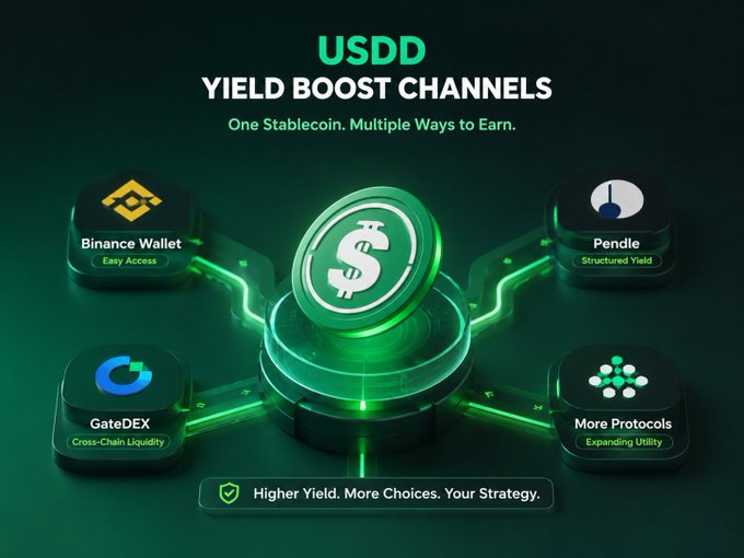 A promotional graphic for USDD's "Yield Boost Channels" featuring a central green USDD coin connected to four ecosystem partners—Binance Wallet (Easy Access), Pendle (Structured Yield), GateDEX (Cross-Chain Liquidity), and More Protocols (Expanding Utility)—with the tagline "Higher Yield. More Choices. Your Strategy."