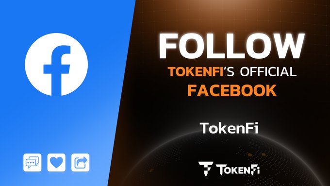 A promotional graphic featuring the Facebook logo on a blue background alongside text reading "FOLLOW TOKENFI'S OFFICIAL FACEBOOK" with the "TokenFi" name and logo displayed against a dark globe-themed design, encouraging viewers to follow TokenFi's Facebook page for $TOKEN updates.