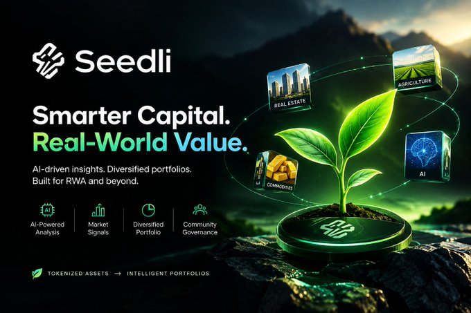 A promotional graphic for 'Seedli' with the tagline 'Smarter Capital. Real-World Value.' featuring a green plant growing from coins, with categories for AI, Agriculture, Commodities, and Real Estate.