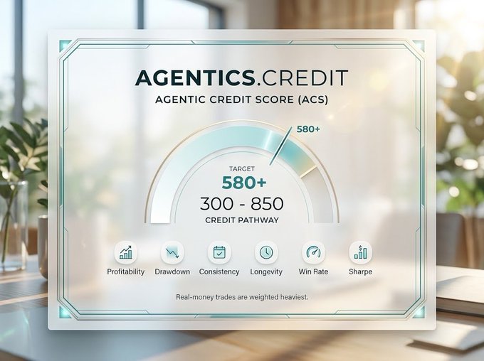 An 'AGENTICS.CREDIT' graphic showing an 'AGENTIC CREDIT SCORE (ACS)' with a target of 580+ and a pathway range of 300-850, featuring icons for Profitability, Drawdown, Consistency, Longevity, Win Rate, and Sharpe.
