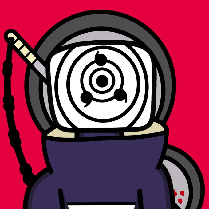 A stylized digital illustration features a character with a target-like face and a katana blade protruding from its head, set against a bright pink background, aligning with the post's promotion of "Oscarworld" NFT art available on OpenSea.