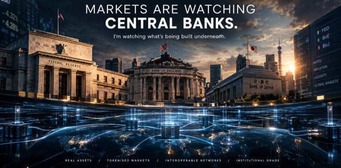 A digital composite image showing iconic central bank buildings—Federal Reserve, Bank of England, and Bank of Japan—superimposed over a glowing blue digital network, with the text 'MARKETS ARE WATCHING CENTRAL BANKS.'