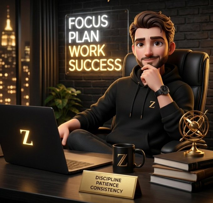 A 3D-rendered character sits at a desk with a "Z" branded laptop, mug, and a sign reading "DISCIPLINE PATIENCE CONSISTENCY", with a neon sign reading "FOCUS PLAN WORK SUCCESS".