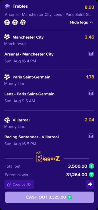 A betting slip screenshot showing a treble wager on BiggerZ for Arsenal vs Manchester City, Lens vs Paris Saint-Germain, and Racing Santander vs Villarreal, with a total bet of 3,500 and a potential win of 31,264, with a cash-out option of 3,325. The image illustrates the post's point that BiggerZ allows users to combine multiple international football matches into a single parlay bet—something the user claims Roobet wouldn't permit.