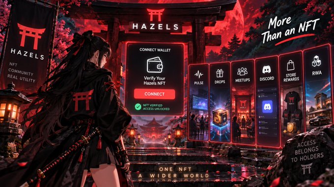 A promotional image for 'HAZELS' NFT project with an anime-style female samurai character. It features options to connect a wallet to verify the Hazels NFT, with categories including Pulse, Drops, Meetups, Discord, Store Rewards, and RWA, and the tagline 'More Than an NFT'.