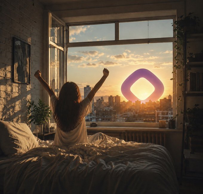 A woman sitting on a bed stretches her arms toward a sunset over a city skyline, with a purple diamond-shaped logo floating in the sky.