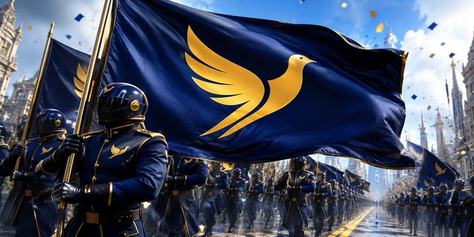 A ceremonial parade featuring soldiers in blue and gold uniforms carrying flags emblazoned with a golden dove emblem through a futuristic city.