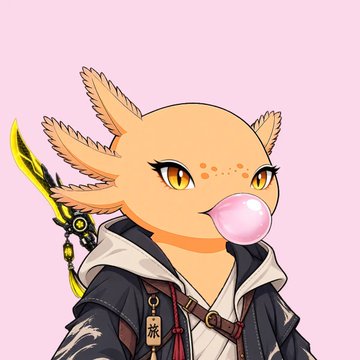 An illustration of an anime-style axolotl character with golden eyes, blowing a pink bubble, wearing a dark jacket and holding a golden weapon against a pink background.