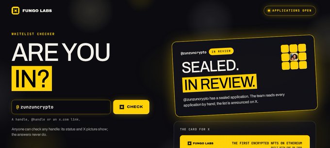 A Fungo Labs 'Whitelist Checker' website interface asking 'ARE YOU IN?' with an 'IN REVIEW' status card.