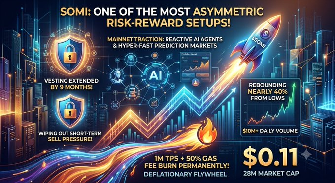 A crypto promotional graphic for 'SOMI' advertising 'ONE OF THE MOST ASYMMETRIC RISK-REWARD SETUPS!' featuring AI agents and prediction markets, with claims of 'VESTING EXTENDED BY 9 MONTHS', 'REBOUNDING NEARLY 40% FROM LOWS', '$10M+ DAILY VOLUME', price of '$0.11', and '28M MARKET CAP'.