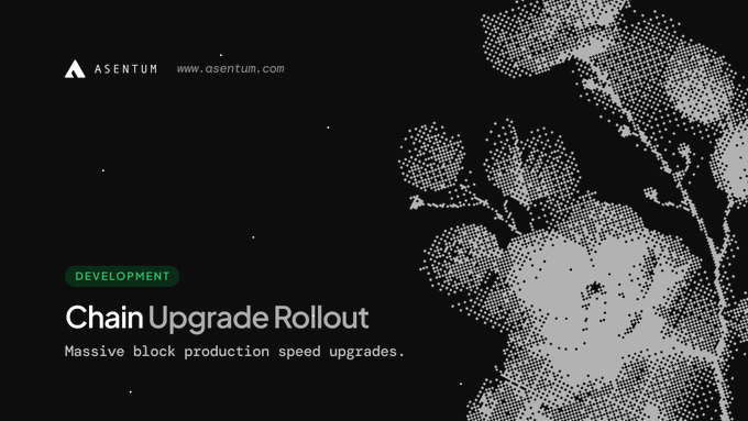 Image 1: A promotional graphic for Asentum with a dark background featuring dotted imagery, displaying the Asentum logo and URL, and the text 'DEVELOPMENT Chain Upgrade Rollout Massive block production speed upgrades.'
