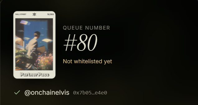 A digital wallet interface showing a 'Partner Pass' NFT with the username 'nuna' and 'QUEUE NUMBER #80', indicating 'Not whitelisted yet' for user '@onchainelvis'.