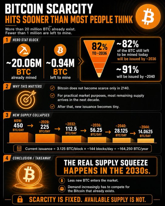 An infographic titled 'BITCOIN SCARCITY HITS SOONER THAN MOST PEOPLE THINK' featuring statistics like '~20.06M BTC already mined' and '~0.94M BTC left to mine', with the conclusion 'THE REAL SUPPLY SQUEEZE HAPPENS IN THE 2030s.'