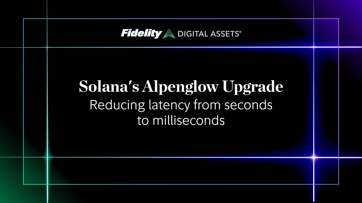 A Fidelity Digital Assets graphic about 'Solana's Alpenglow Upgrade,' stating it reduces latency from seconds to milliseconds.