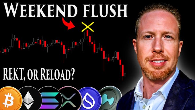 A YouTube thumbnail titled 'WEEKEND FLUSH' and 'REKT, OR RELOAD?' featuring a smiling man, a red candlestick chart showing a downward trend, and cryptocurrency logos including Bitcoin, Ethereum, Solana, and XRP.