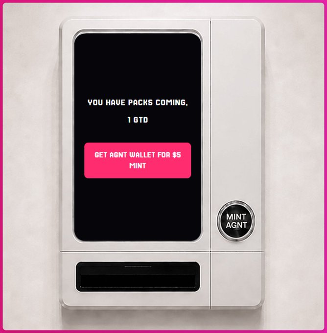 A digital display on a white device shows the text 'YOU HAVE PACKS COMING. 1 GTD' and a pink button reading 'GET AGNT WALLET FOR $5 MINT,' with a 'MINT AGNT' button below.