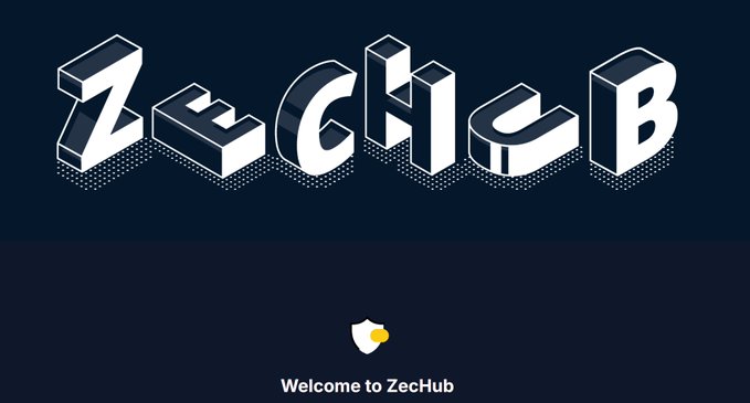 A dark screen displaying the word 'ZecHub' in stylized 3D white text with 'Welcome to ZecHub' shown below.