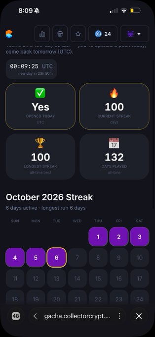 A mobile screenshot of a streak tracking website showing 'October 2026 Streak' with 100 days played, 132 days played all-time, a 100-day current streak, and a countdown to UTC time.