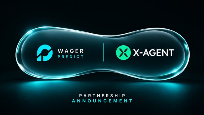 A partnership announcement graphic featuring logos for Wager Predict and X-Agent on a glowing blue pill-shaped background.