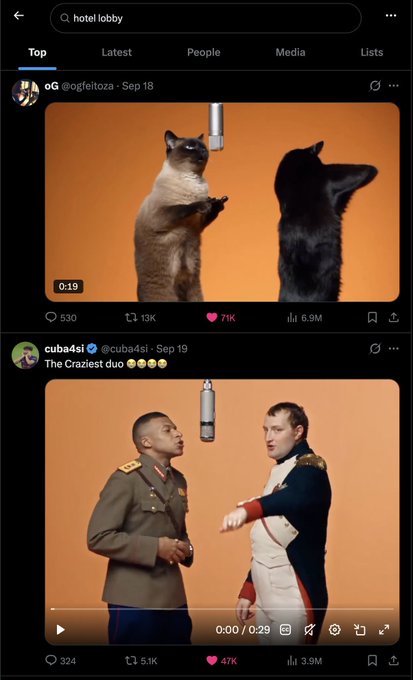 A mobile Twitter/X feed showing two viral posts: one by '@ogfeilitoza' with a video of a cat and fox standing upright like humans singing into a microphone (71K likes, 6.9M views), and another by '@cuba4si' titled 'The Craziest duo' showing two men in military attire in a similar pose (47K likes, 3.9M views).