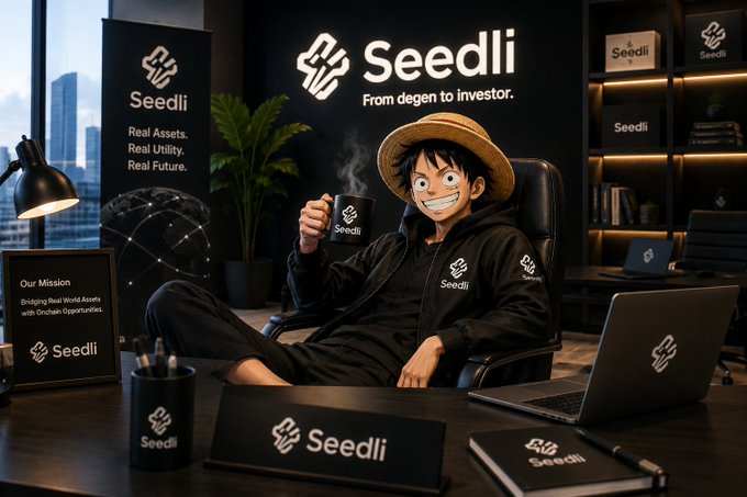 An anime-style character wearing a straw hat and a black 'Seedli' hoodie sits at a desk in a modern office, holding a branded coffee mug with the tagline 'From degen to investor.' visible in the background.
