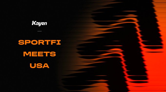A dark, stylized graphic featuring a glitch-effect red wavy distortion on the right side displays the text "Kayen" in white italic above the bold orange words "SPORTFI MEETS USA," visually highlighting the significance of Chiliz's US expansion and its connection to sport finance.