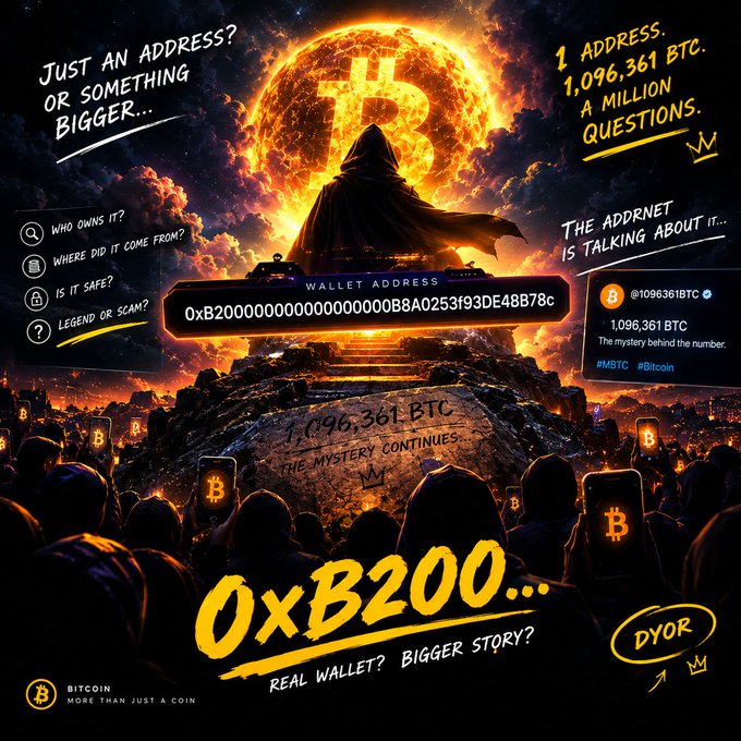 A dramatic, stylized graphic about a Bitcoin wallet address "0xB20000000000000000B8A0253f93DE48B78c" containing 1,096,361 BTC, asking questions like "Just an address? Or something bigger..." and "Real wallet? Bigger story?".