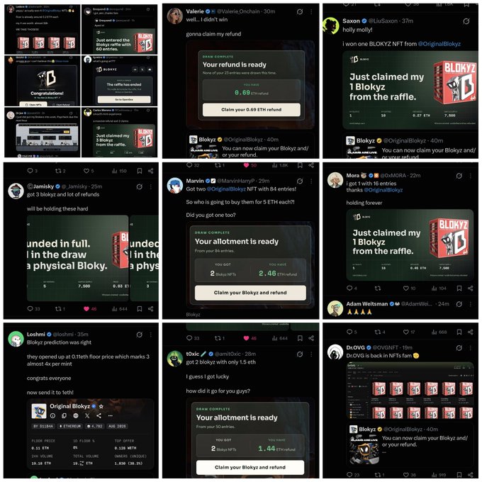 A collage of Twitter/X posts featuring NFT giveaway winners for "BLOKYZ" by @OriginalBlokyz, showing users claiming refunds and 3D box NFTs at 0.1 ETH floor price.