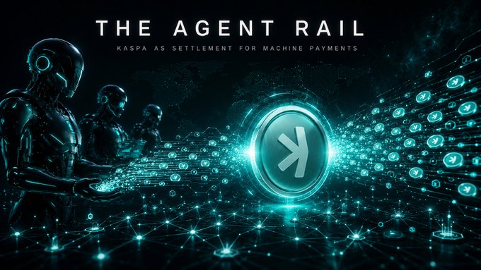 A futuristic promotional graphic titled 'THE AGENT RAIL - KASPA AS SETTLEMENT FOR MACHINE PAYMENTS' featuring humanoid robots and a glowing Kaspa (K) logo with flowing digital particles.