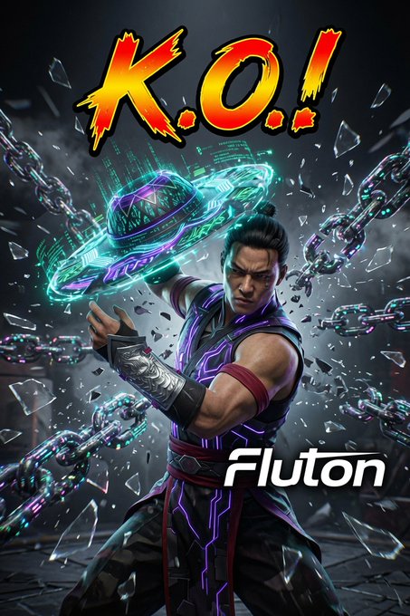 A video game-style illustration featuring a martial artist holding a glowing orb, with "K.O.!" at the top and "Fluton" in the bottom right corner.