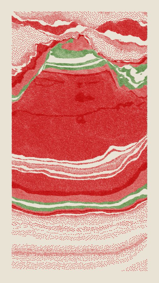 A vibrant digital illustration of a mountain, possibly Mount Fuji, rendered in bold red and green tones with a stippled texture and flowing wave-like patterns. The image's striking color palette and stylized composition align with the post's enthusiastic "Now this is a beauty" sentiment, evoking admiration for its bold, eye-catching design.
