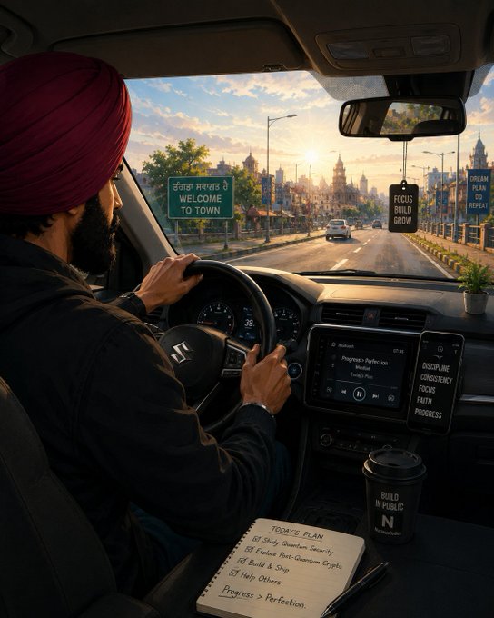 A Sikh man wearing a turban drives a car labeled "FOCUS BUILD GROW" and "DISCIPLINE CONSISTENCY FAITH PROGRESS," with a dashboard note reading "Progress > Perfection" and a welcoming "WELCOME TO TOWN" sign ahead, symbolizing a milestone-driven journey toward 2.5K. The image visually reinforces the post's theme of community growth, gratitude, and forward momentum toward the next target with @quipnetwork.