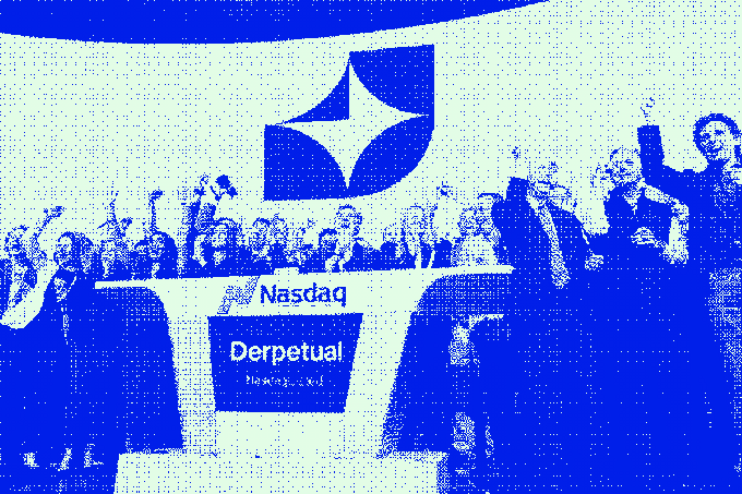A blue-tinted celebratory scene shows people at a Nasdaq podium with 'Perpetual' branding displayed.