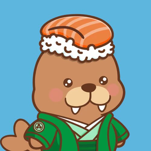 A cartoon illustration of a cute brown beaver wearing a green traditional garment and a piece of salmon sushi on its head, set against a blue background.