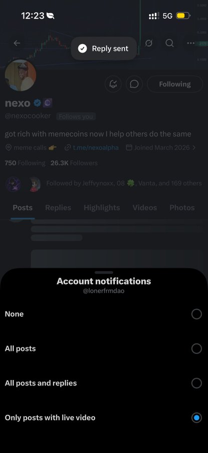 A Twitter/X profile for "nexo" (@nexocooker) shows 26.3K followers with the bio "got rich with memecoins now I help others do the same," alongside an "Account notifications" popup for @lonerfrmdao currently set to "Only posts with live video," relating to a sent reply about a $ANSEM airdrop.