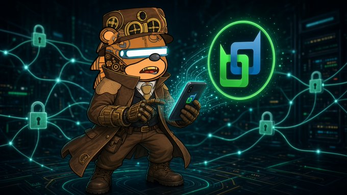 A cartoon bear dressed in a steampunk detective outfit holding a smartphone, standing next to a glowing green crypto coin logo surrounded by padlock security icons.