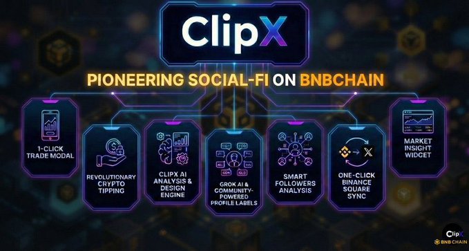 A promotional graphic for ClipX titled "PIONEERING SOCIAL-FI ON BNBCHAIN" showing six product features: 1-Click Trade Modal, Revolutionary Crypto Tipping, ClipX AI Analysis & Design Engine, $CX AI & Community-Powered Profile Labels, Smart Followers Analysis, One-Click Binance Square Sync, and Market Insight Widget.
