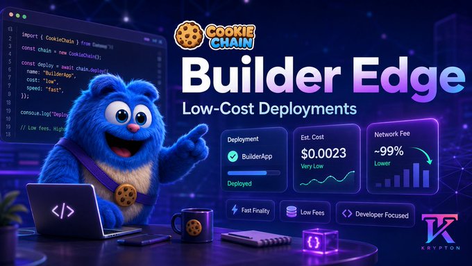Digital banner for 'Cookie Chain Builder Edge' featuring a blue furry character mascot, promoting low-cost deployments at $0.0023 with fast finality and low fees.