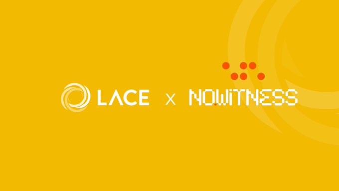 A yellow promotional banner displays the "LACE x NOWITNESS" partnership logo, with Lace's swirling emblem next to the Nowitness Labs name in pixelated font. The image supports the announcement about Lace's third-party security audits conducted by Nowitness Labs, highlighting transparency through their 50 disclosed findings.