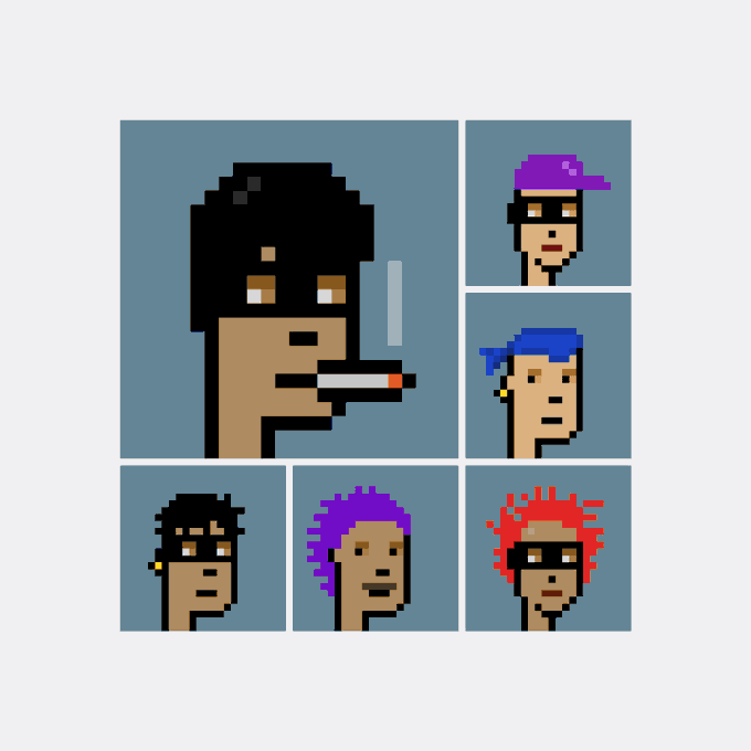 Pixel art collage showing five different character portraits with various hair colors and accessories, including one character smoking a cigarette.