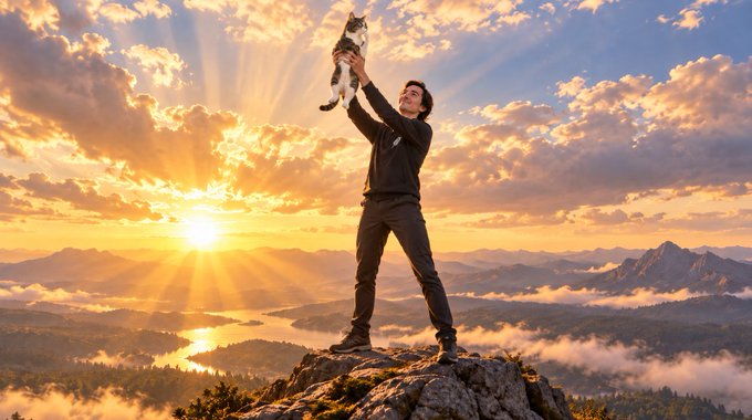 A man triumphantly lifts a calico cat skyward while standing atop a rocky mountain peak at sunrise, with dramatic sunbeams piercing through clouds over a misty valley below, whimsically framed as if the cat is the legendary "chosen one."