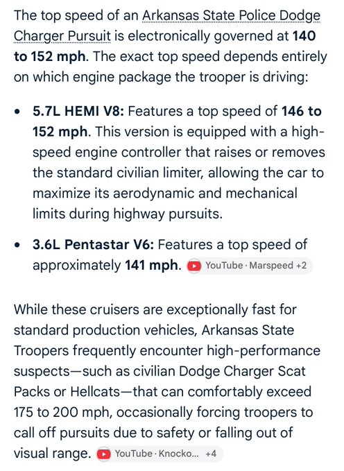 The image displays text claiming that Arkansas State Police Dodge Charger Pursuits have electronically governed top speeds of 140 to 152 mph, depending on engine package (146-152 mph for the 5.7L HEMI V8 and approximately 141 mph for the 3.6L Pentastar V6). It relates to the post "If you're ever in Arkansas," by providing purported performance details about state police vehicles encountered on Arkansas highways.