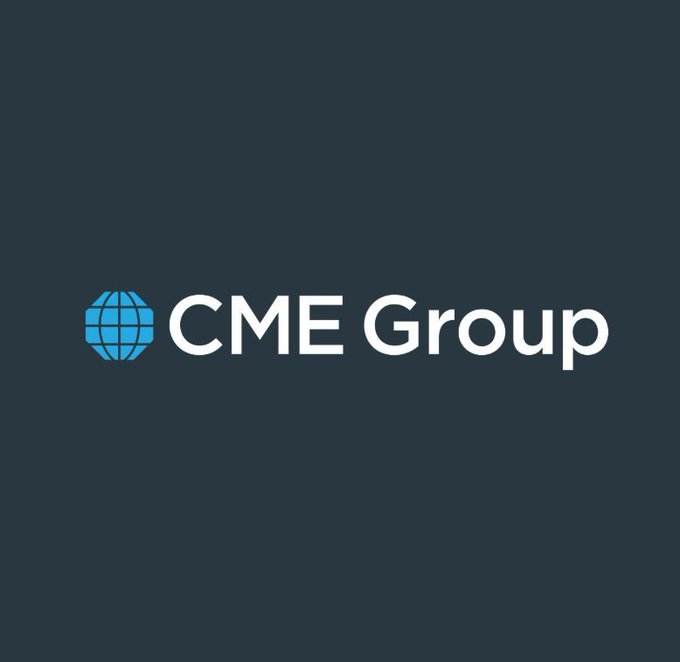 The image features a logo for the company CME Group, which is an international financial services firm that operates as one of the largest exchanges in the world. The logo consists of a globe with blue borders and white text that reads "CME Group". The background color of the image is black, making the logo stand out prominently. In the bottom right corner of the image, there's a small caption that reads "THE WORLDS LARGEST DERIVATIVES EXCHANGE JOINS @chainlink announce another another major institutional integration." This suggests that CME Group has recently joined forces with another institution or is about to make an announcement related to their partnership.