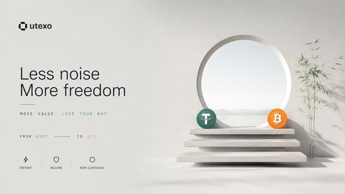 A Utexo advertisement promoting 'Less noise, More freedom' with the tagline 'MOVE VALUE. LIVE YOUR WAY', showing a USDT to BTC exchange interface with features Instant, Secure, and Non-custodial.