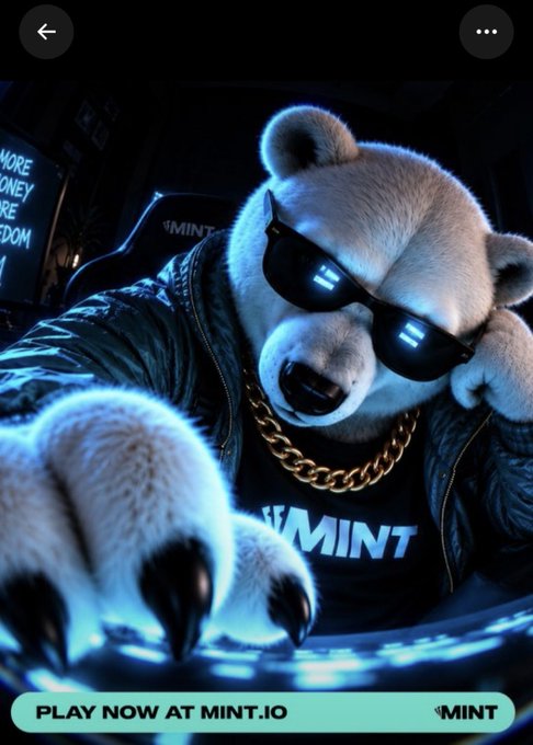 A promotional advertisement for MINT.IO featuring a stylized polar bear wearing sunglasses and a gold chain over a shirt reading "MINT," with a "PLAY NOW AT MINT.IO" call-to-action banner.