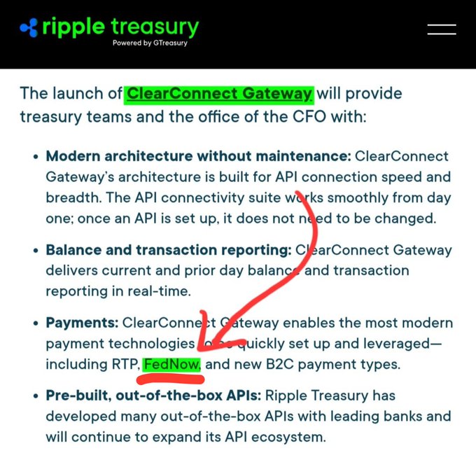 The image highlights a slide from Ripple Treasury about its ClearConnect Gateway, featuring a green-underlined callout to "FedNow" alongside a red arrow and underline emphasizing this payment technology. The accompanying post reflects how ClearConnect Gateway enables modern payment options like FedNow for treasury teams and CFOs.