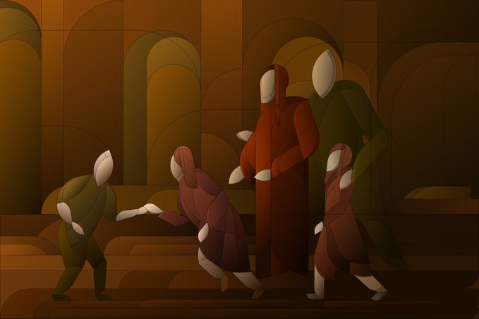 A stylized digital illustration showing faceless figures in hooded robes walking through warm-toned arched corridors.